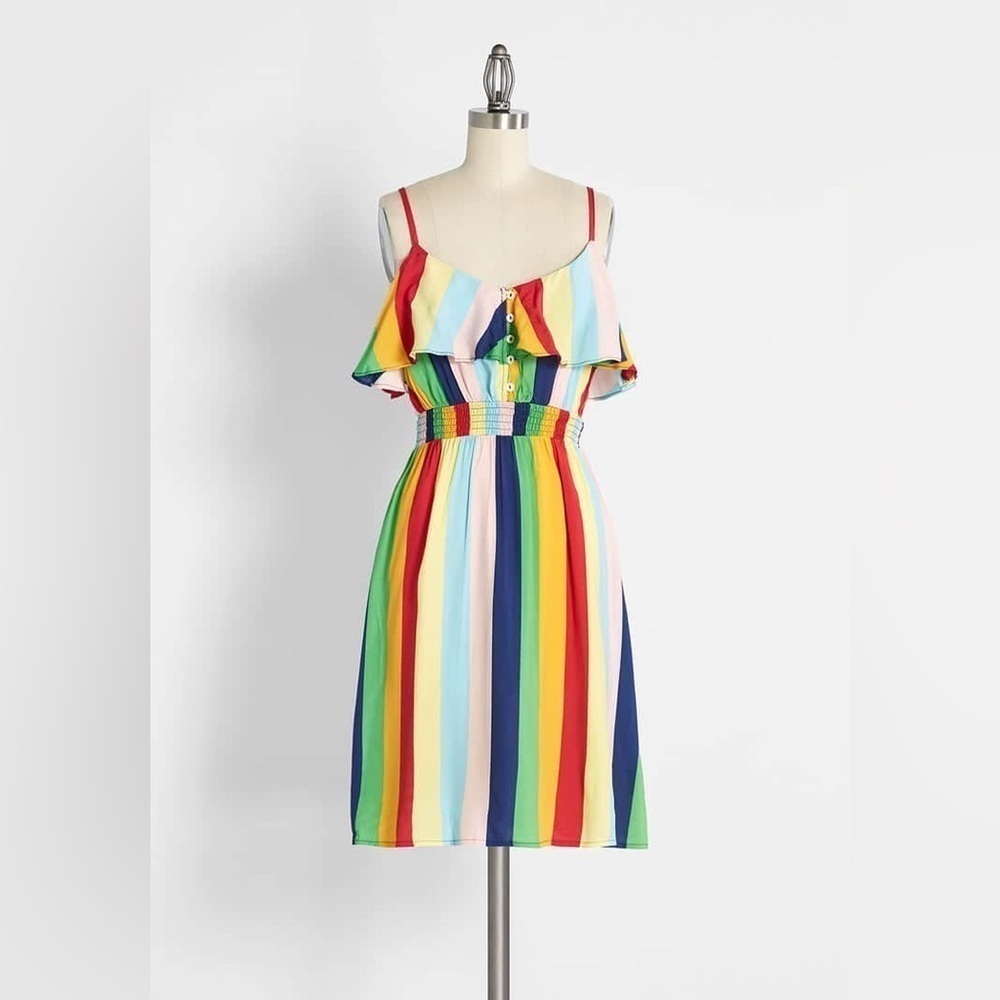 Modcloth Sz 1X Basically Breezy Striped Spaghetti Strap Sundress rainbow color
